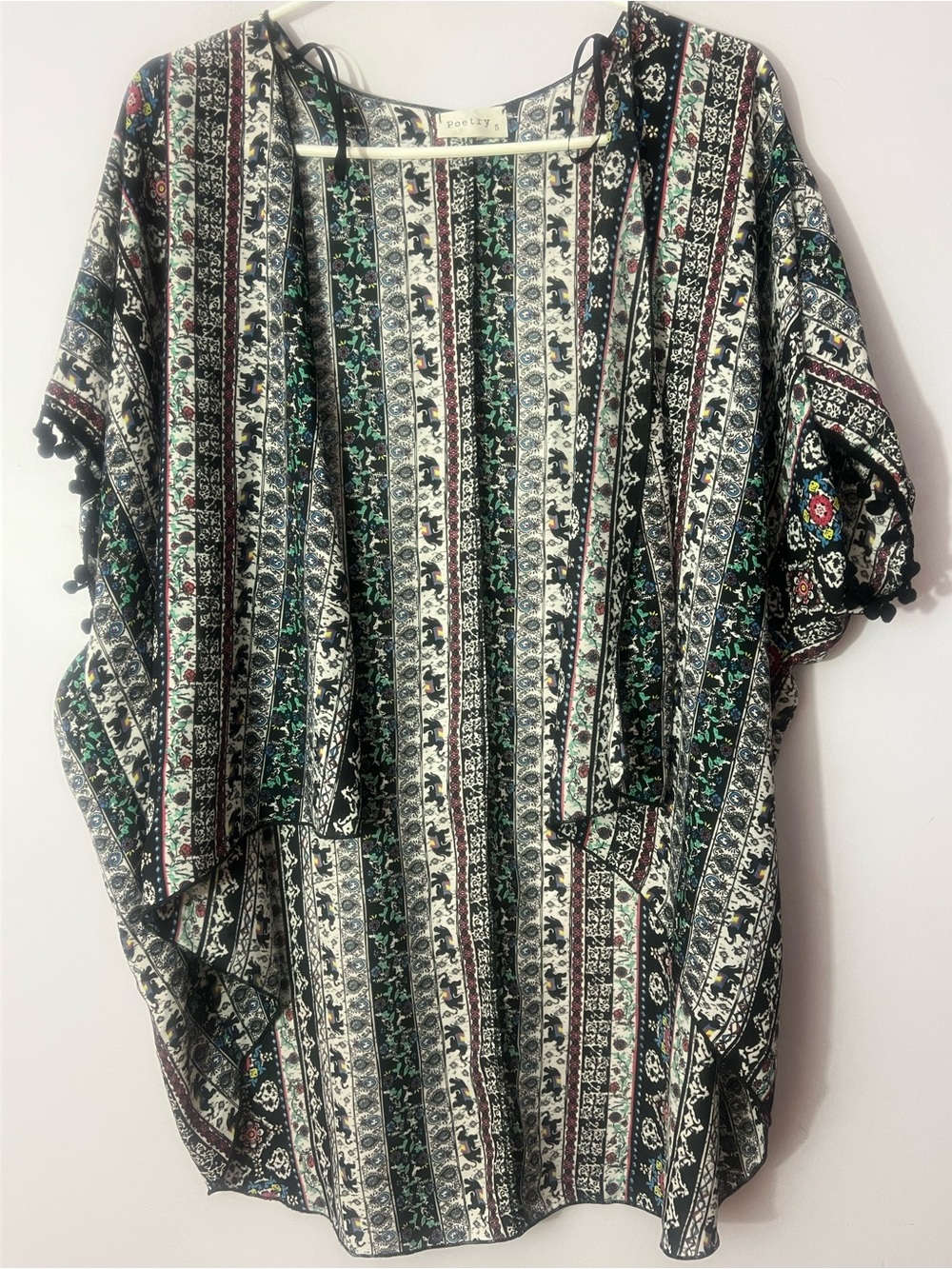 Poetry Boho Kimono Cardigan Elephant Floral Print Pom Pom Trim Open Front